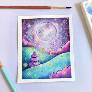 Original Watercolor Fantasy Landscape Painting, Handpainted Wall Art of Full Moon, Fireflies + Zen Stones, Signed By The Artist