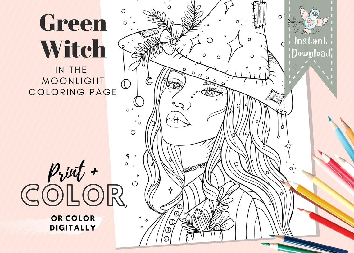 Green Witch Coloring Page Witchy Gift Printable Coloring - Etsy