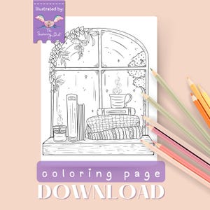 Cottage Window Interior Colouring Page, Printable Cozy + Cute Instant Download, Easy To Color On iPad Too!