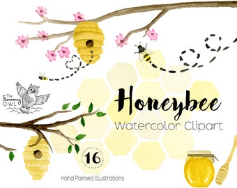 Aquarell Honigbiene Clipart - Bienenkorb Wabe Clipart - Honig - Hummel - Frühling Clipart - Biene Mine
