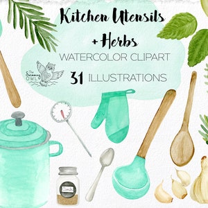 K&ouml;nnte beinhalten: Aquarell-Illustrationen von K&uuml;chenutensilien und Kr&auml;utern, darunter ein Topf, eine Sch&ouml;pfkelle, ein Holzl&ouml;ffel, ein Spatel, ein Topflappen, ein Thermometer, ein L&ouml;ffel, Knoblauch, Rosmarin und Kreuzk&uuml;mmel. Der Text "Kitchen Utensils + Herbs Watercolor Clipart 31 Illustrations" ist ebenfalls enthalten.