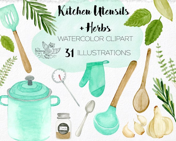 Watercolor Cooking Clipart Digital Stickers, Kitchen Clipart, Chef Clipart - Herbs and Food Clipart, Cooking Blog Logo 