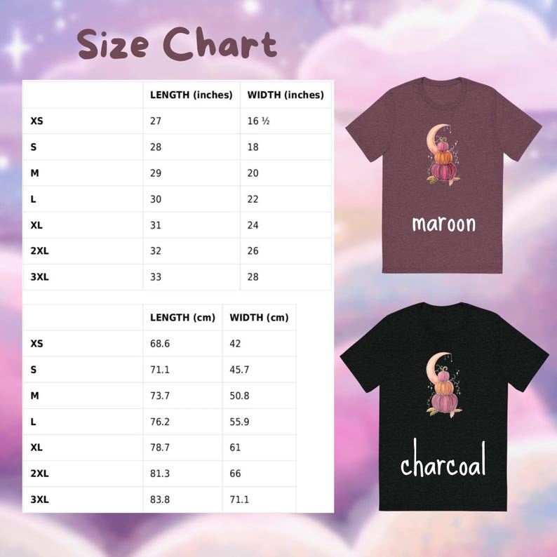 Puede incluir: Tabla de tallas para una camiseta con un dise&ntilde;o de luna y calabazas. La tabla muestra las medidas en pulgadas y cent&iacute;metros para las tallas XS a 3XL. La camiseta est&aacute; disponible en granate y carb&oacute;n.