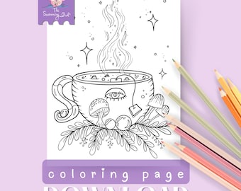 Witchy Magic Coloring Page, Mushroom Tea Printable Coloring Page, Magical Halloween Adult Coloring Page | PNG, + PDF