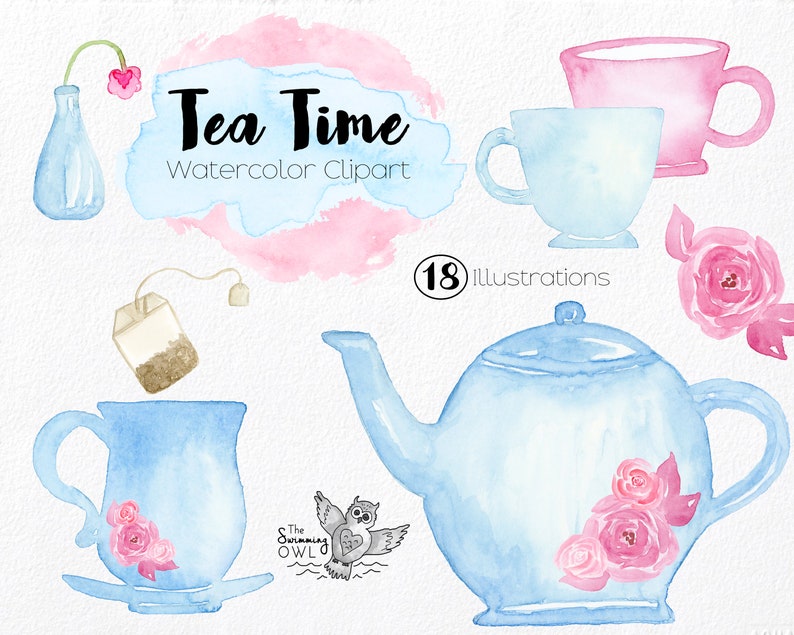 Watercolor Tea Party Clip Art Tea Time Clipart Watercolor Etsy