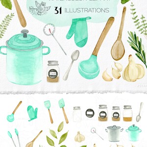 K&ouml;nnte beinhalten: Aquarell-Illustrationsset mit K&uuml;chenutensilien und Kr&auml;utern. Enth&auml;lt einen Topf, eine Sch&ouml;pfkelle, einen L&ouml;ffel, einen Spatel, eine Zange, einen Topflappen, ein Thermometer, Knoblauch und verschiedene Kr&auml;uter. Das Set enth&auml;lt 31 Illustrationen.