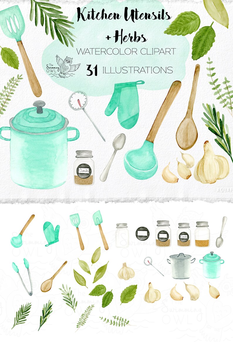 K&ouml;nnte beinhalten: Aquarell-Illustrationsset mit K&uuml;chenutensilien und Kr&auml;utern. Enth&auml;lt einen Topf, eine Sch&ouml;pfkelle, einen L&ouml;ffel, einen Spatel, eine Zange, einen Topflappen, ein Thermometer, Knoblauch und verschiedene Kr&auml;uter. Das Set enth&auml;lt 31 Illustrationen.