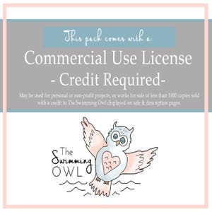 K&ouml;nnte beinhalten: Eine digitale Illustration eines blauen und rosa Eulen mit einem Herzen auf der Brust. Die Eule fliegt &uuml;ber eine Wellenlinie. Der Text "This pack comes with a Commercial Use License - Credit Required -" befindet sich oben im Bild. Der Text "May be used for personal or non-profit projects, or works for sale of less than 1000 copies sold with a credit to The Swimming Owl displayed on sale & description pages." befindet sich unter der Eule. Der Text "The Swimming Owl" befindet sich unter der Eule.