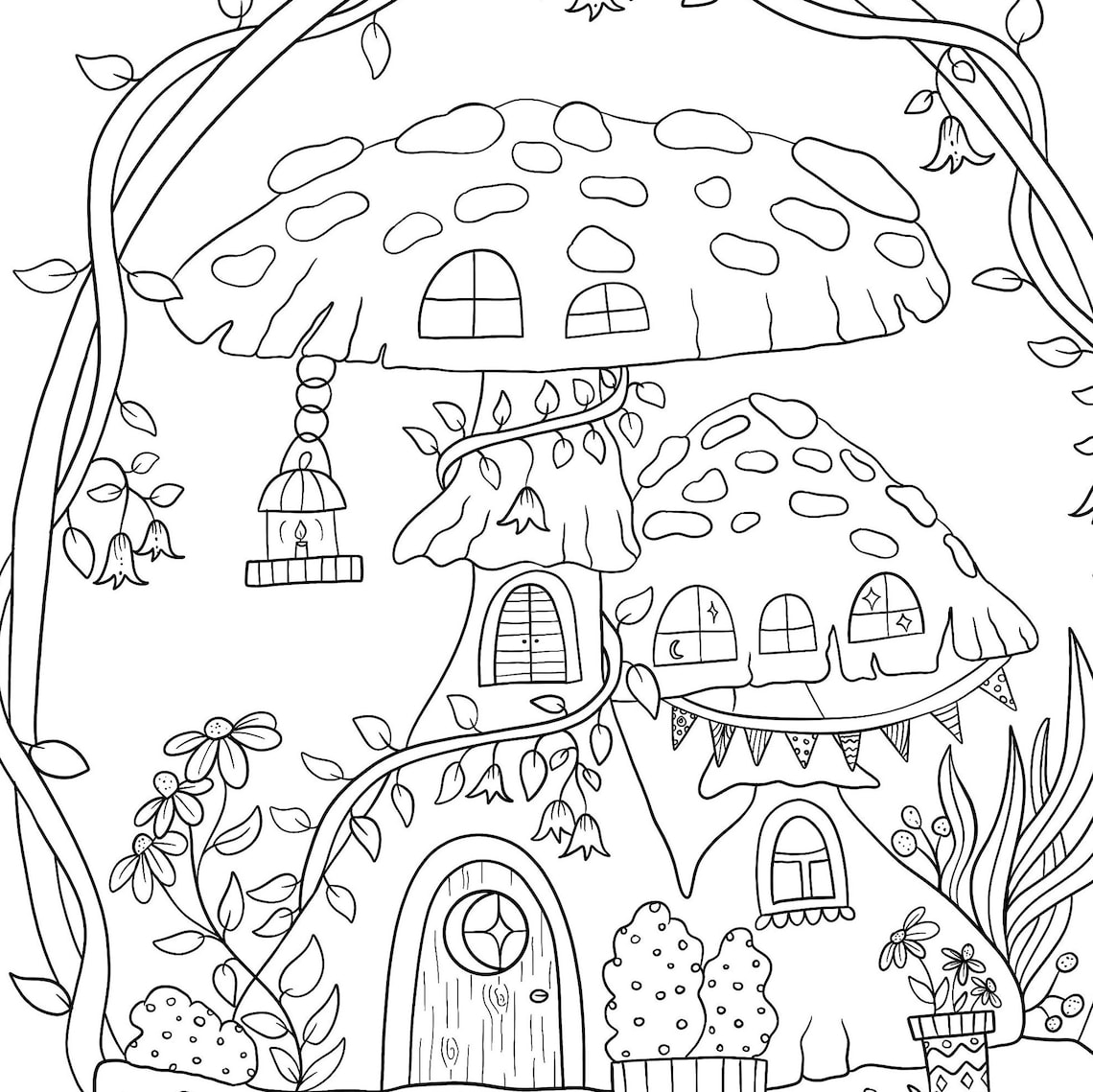 Mushroom Cottage Coloring Page Printable Nature Coloring - Etsy