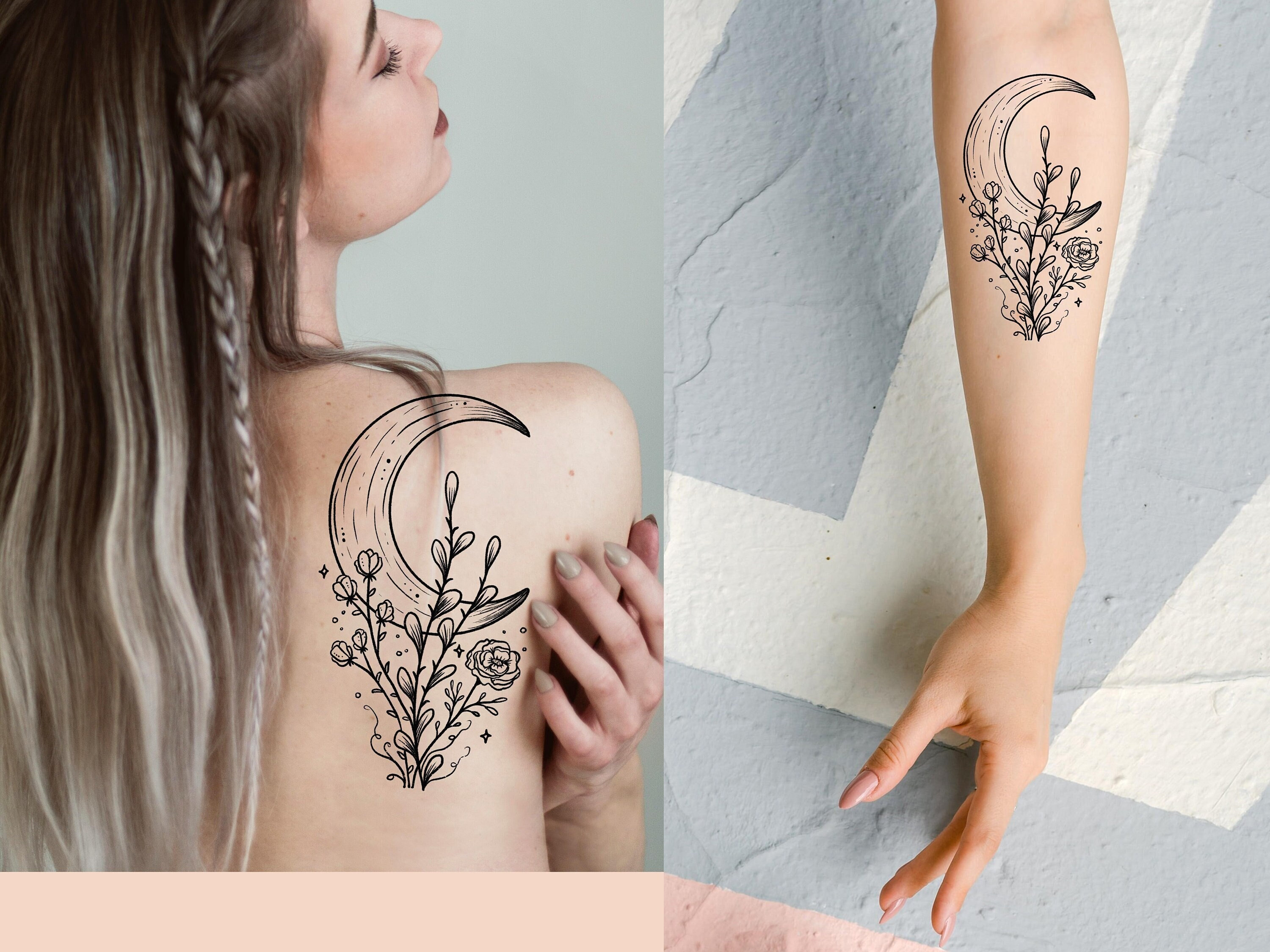 Pretty Crescent Moon and Flowers Black and White Tattoo - Instant Download Tattoo Pass Ticket To Take To Your Tattoo Artist