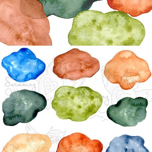 May include: Twelve watercolor splashes in earthy tones, including yellow, orange, red, brown, green, and blue. The image includes the text "Earth Tones Watercolor Splashes (12) handpainted splashes".