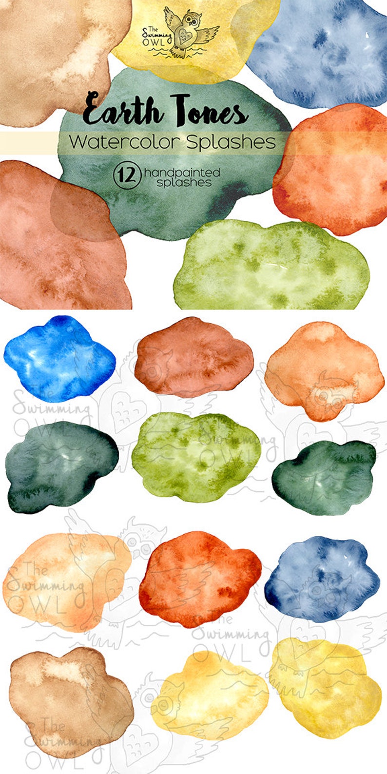 May include: Twelve watercolor splashes in earthy tones, including yellow, orange, red, brown, green, and blue. The image includes the text "Earth Tones Watercolor Splashes (12) handpainted splashes".