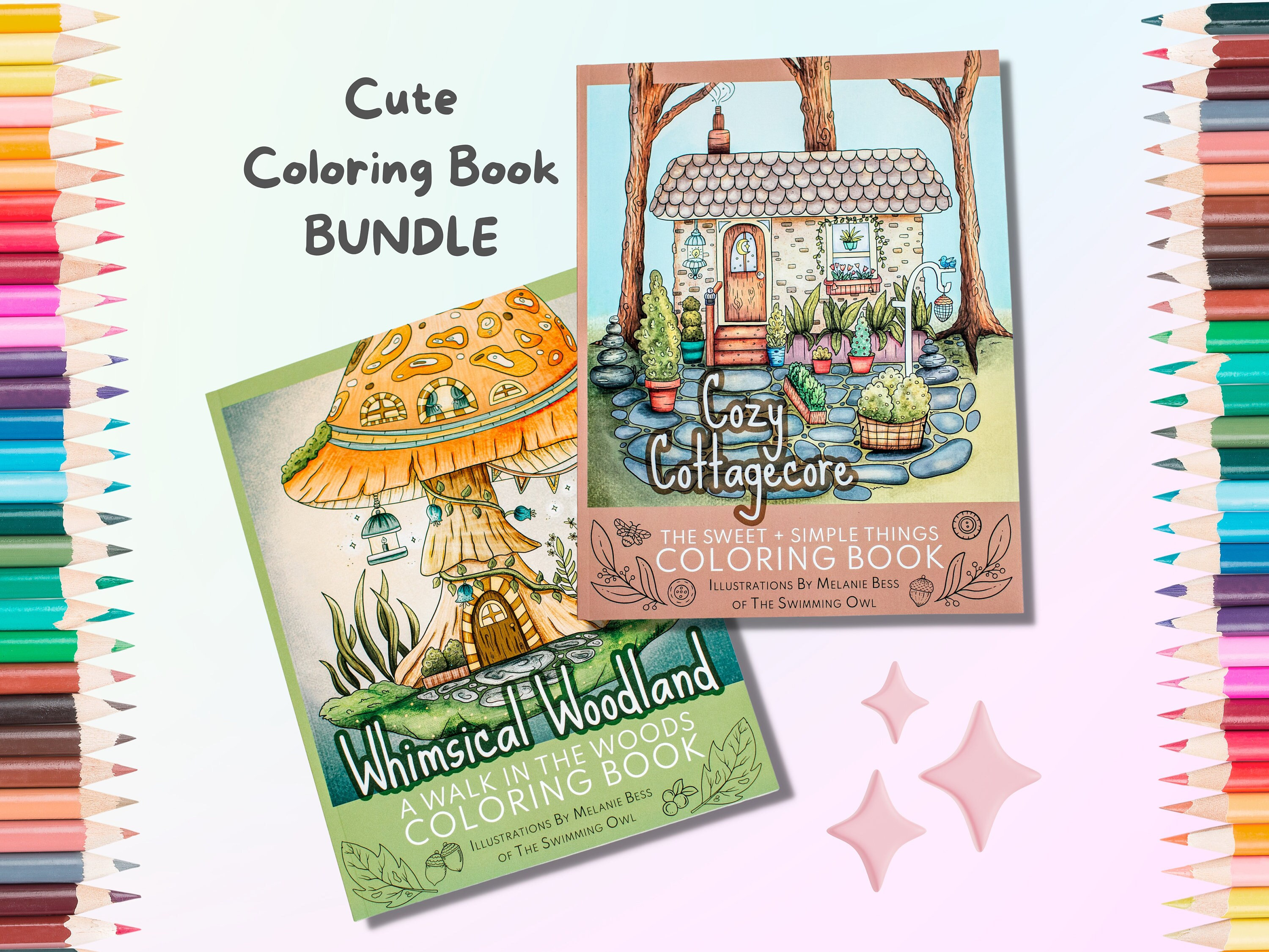 Cute Coloring Book Bundle for Adults: Whimsical Woodland & Cozy Cottagecore Stress-Relief Coloring Set