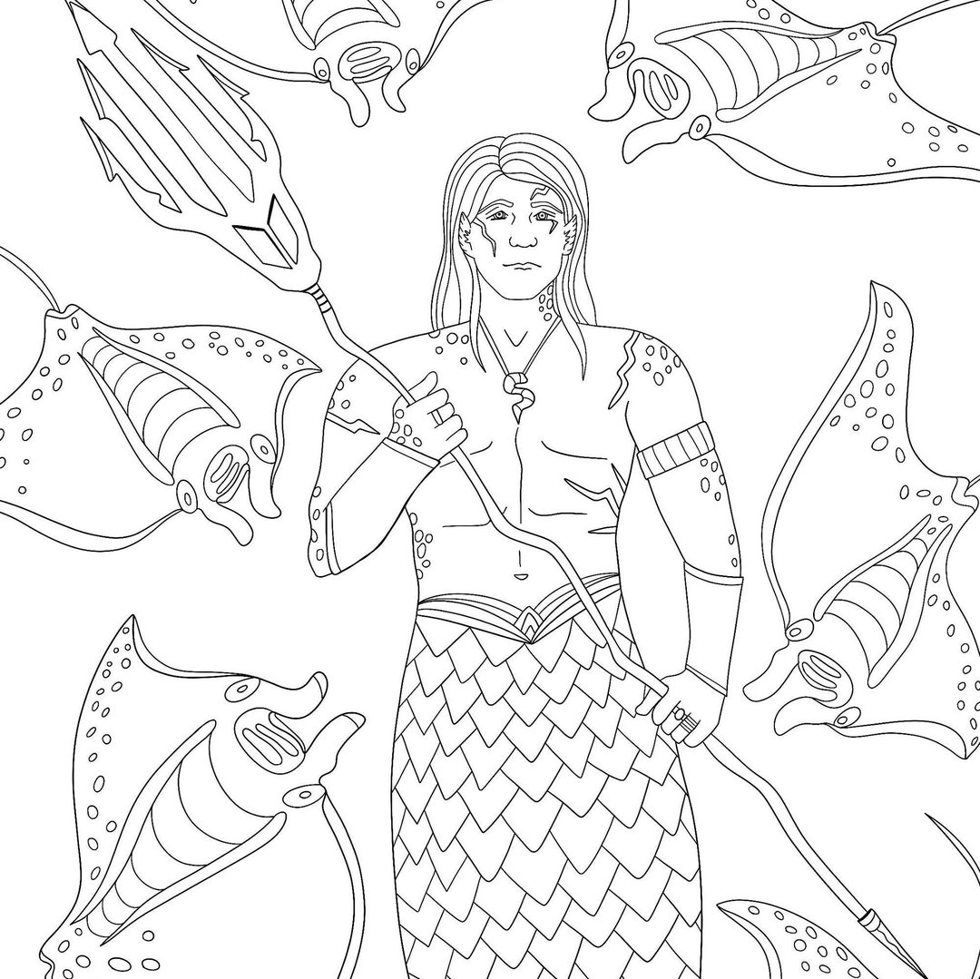 Printable Merman Coloring Page, Fantasy Ocean Art, Adult Coloring Page