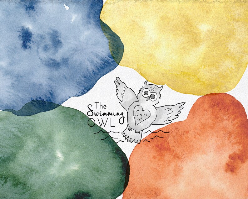 May include: Watercolor painting of an owl with a heart on its chest, flying over a green, blue, and orange background. The text "The Swimming OWL" is written below the owl.