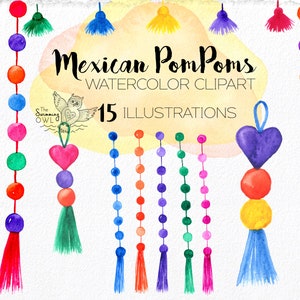 Mexican Party Clipart - Fiesta Clipart - Cinco De Mayo Clipart - Watercolor Fiesta Clipart - Mexican Graphics - Pom Pom Clipart
