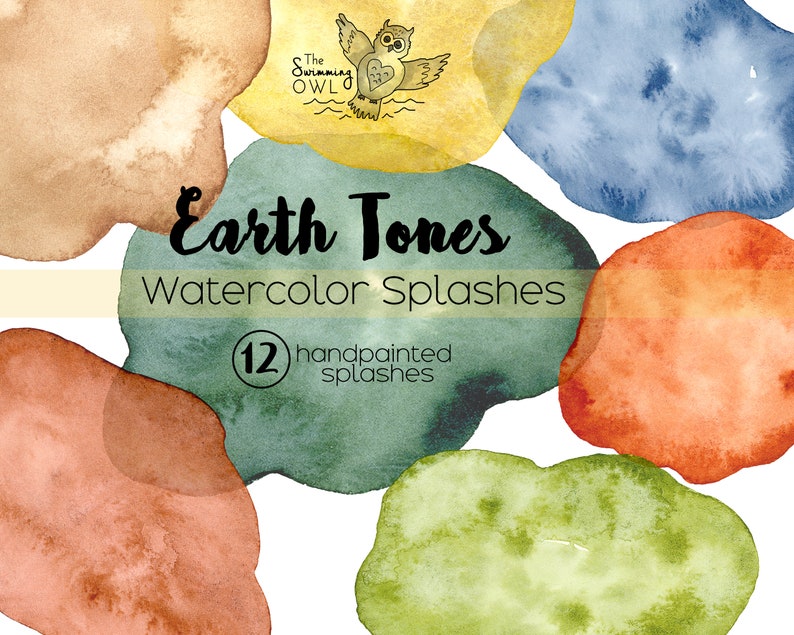May include: Twelve hand-painted watercolor splashes in earthy tones, including brown, yellow, green, blue, and orange. The text "Earth Tones Watercolor Splashes" is displayed in the center of the image.