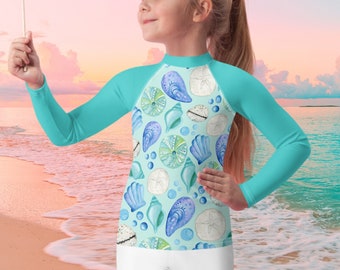 Cute Seashell Rash Guard - Kids Sun Protection Shirt Swimwear For The Beach - Seafoam + Seashells