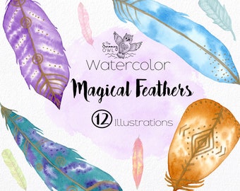 Watercolor Feather Clipart | Boho Watercolor Clipart | Feather Clip Art | Digital Stickers For Digital Planner | Feather Logo