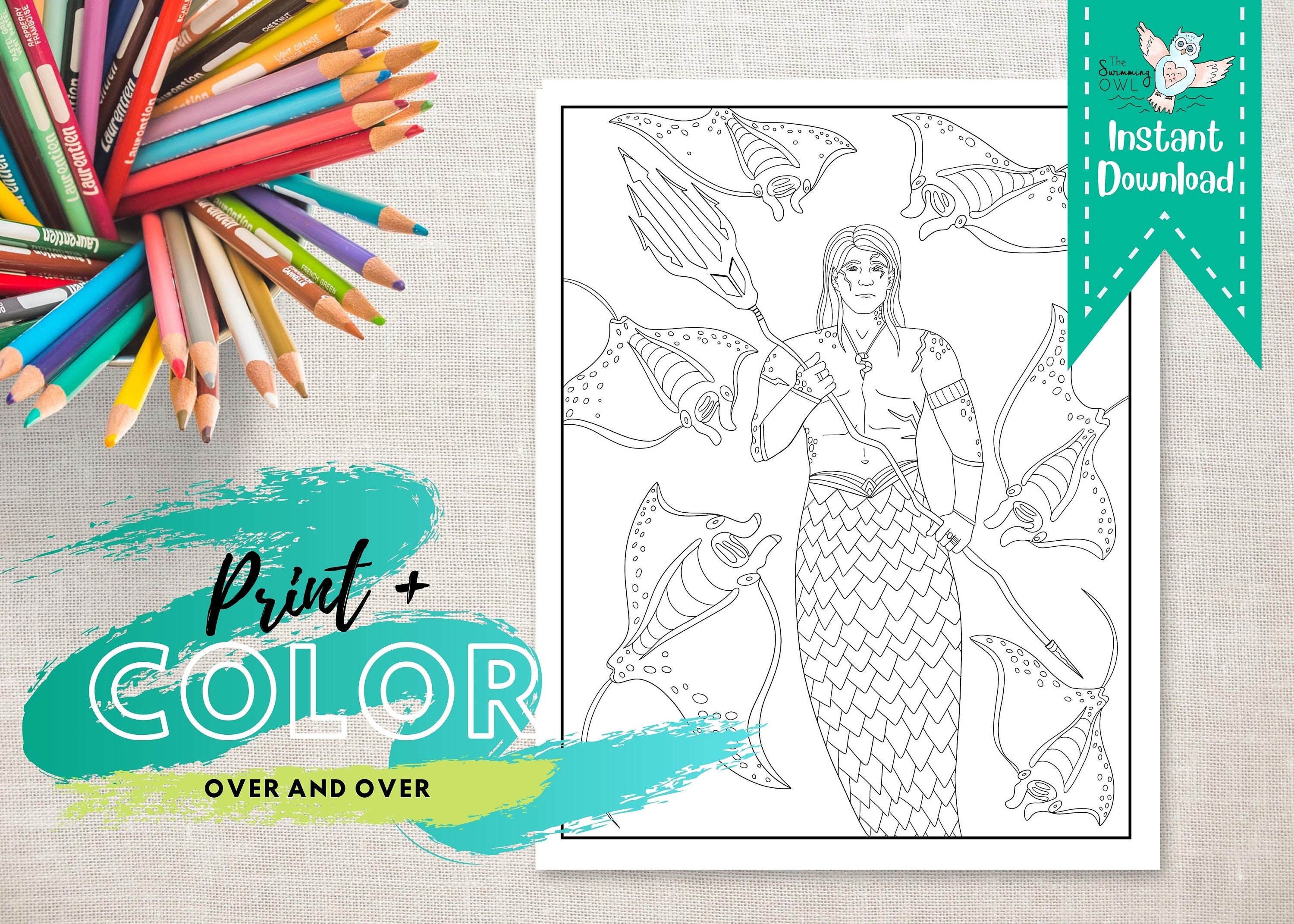 Printable Merman Coloring Page Fantasy Ocean Art Adult - Etsy UK