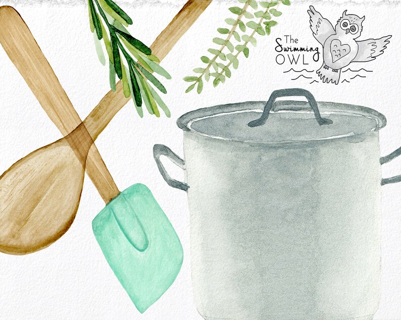 K&ouml;nnte beinhalten: Eine Aquarell-Illustration von K&uuml;chenutensilien, darunter ein Holzl&ouml;ffel, ein gr&uuml;ner Spatel, ein silberner Topf mit schwarzem Griff und gr&uuml;ne Rosmarinzweige.