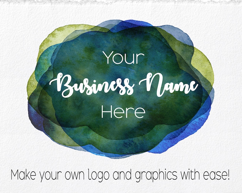 May include: A watercolor logo template with a blue and green abstract shape. The text "Your Business Name Here" is written in white on the shape.