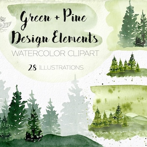 Watercolor Pine Tree Clipart - Woodland Clipart - Forest Clipart - Green Watercolor Washes - Conifer Clipart - Watercolor Logo Clipart
