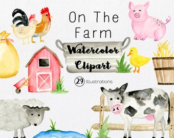 Watercolor Farm Animals Clipart, Barnyard, Farmer, Chickens, Cows, Sheep, Barn - Easy To Use As Digital Stickers Also!