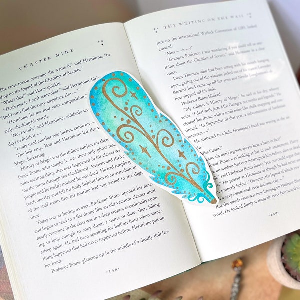 Enchanted Feather Bookmark, Pretty Turquoise Watercolor Bookmark Gift For Book Lovers, Original Artwork Signed By The Artist