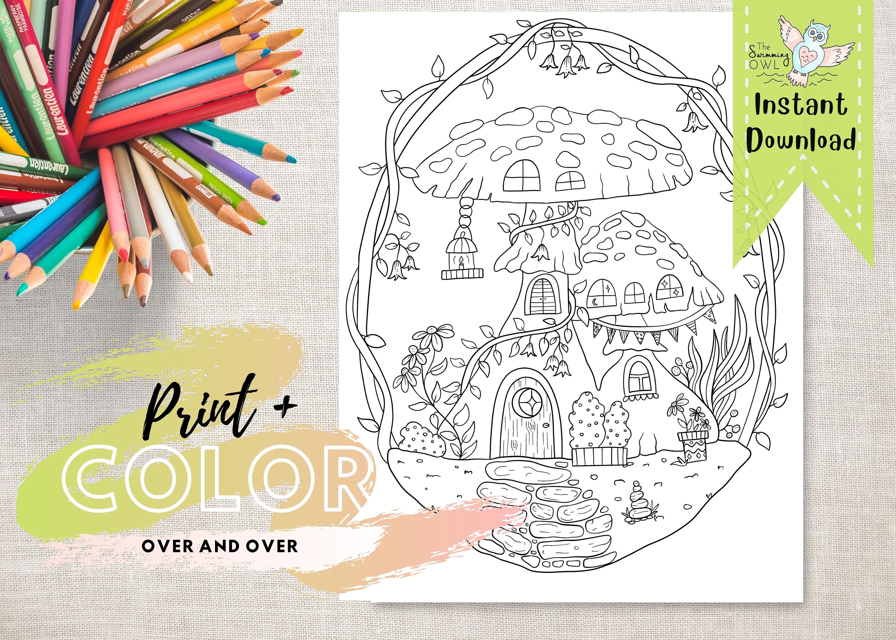 Mushroom Cottage Coloring Page Printable Nature Coloring - Etsy