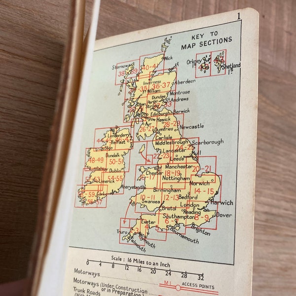 Quirky Vintage Cream Leather Pocket Roadmap of Great Britain - with illustration of Rolls Royce 1909 on front - 1960s