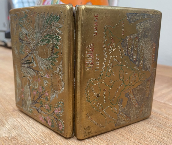 vintage cigarette case india Vintage brass cigarette case with map of India and bi…