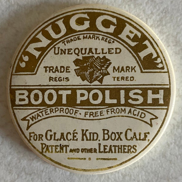 Nugget Boot Polish Advertising Pocket Mirror - c. 1930s - Unequalled for Glace Kid Box Calf Patent and other Leathers - Cream colour