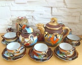 Vintage Japanese Satsuma porcelain tea set of (16 items). Antique Satsuma Moriage Porcelain tea set.