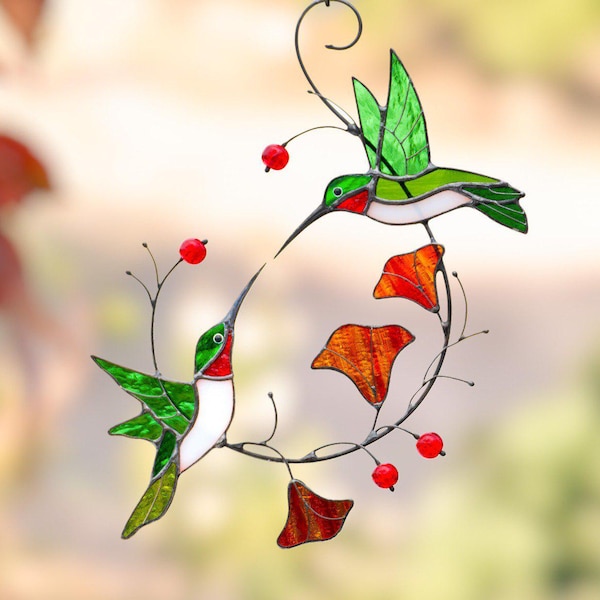 Hummingbird stained glass window hangings Gift for couple Custom stained glass bird suncatcher Great grandparent gift