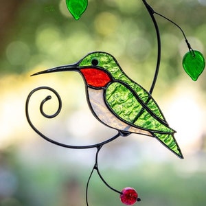 Magnifique attrape-soleil colibri en cuivre et vitrail avec fleurs