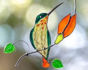 Stained glass bird suncatcher Mothers Day gift Humming bird feeder Custom stained glass window hanging Humming bird wall art Bird artwork