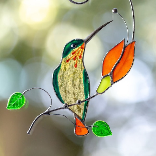 Stained glass bird suncatcher Mothers Day gift Humming bird feeder Custom stained glass window hanging Humming bird wall art Bird artwork