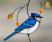Blue jay stained glass bird suncatcher Mothers Day gift Modern stained glass window hangings