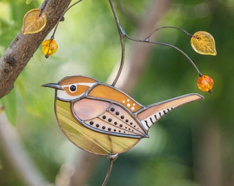 Carolina Wren stained glass bird suncatcher Custom stained glass window hangings Christmas gifts