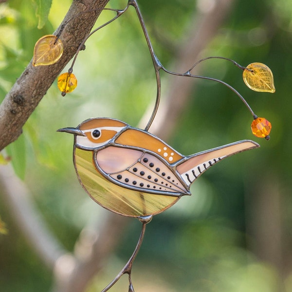 Carolina Wren stained glass bird suncatcher Mothers Day gift Mini garden decor Custom stained glass window hangings New job gift