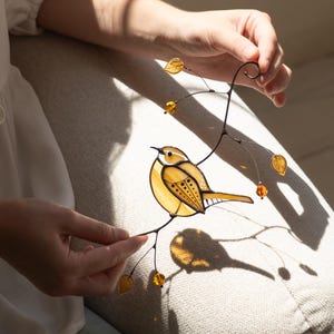 Stained glass window hangings Carolina Wren Bird stained glass ornament Godmother gift Bird art Handmade product Gift for bird lovers