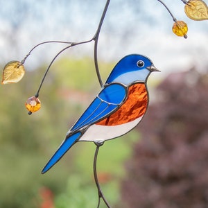 Bluebird stained glass bird suncatcher Christmas gifts Little bluebird Custom stained glass window hangings House warming gift Bird artwork