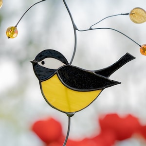 Chickadee stained glass window hangings New job gift for her Stained glass bird suncatcher