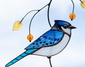 Blue jay stained glass window hangings Mothers Day gift Custom stained glass bird suncatcher