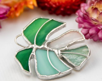 Variegated monstera plant stained glass jewelry Mothers Day gift Monstera deliciosa stained glass brooch Monstera albo stained glass art