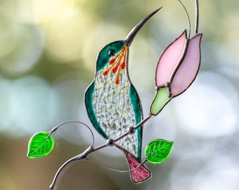 Hummingbird stained glass window hangings Mothers Day gift Hummingbird gift Custom stained glass bird suncatcher Custom stained glass art