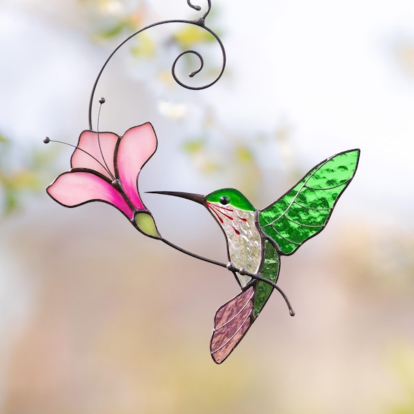 Hummingbird stained glass bird suncatcher Daughter in law gift Custom stained glass window hangings Flower suncatcher Hummingbird gifts