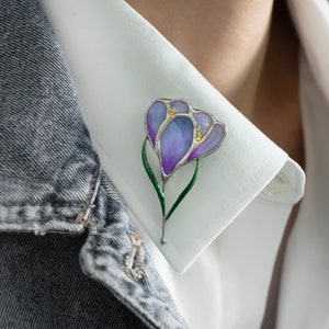 Saffron stained glass jewelry Mothers Day gift Custom stained glass plant pin Crocus stained glass flower brooch