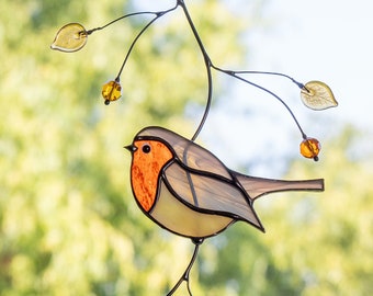 Gebrandschilderd glas Robin Moederdag cadeau Mini tuindecor Op maat gemaakte glas-in-lood vogel Glassmasters glas-in-lood raamhangers Vogelkunstwerk